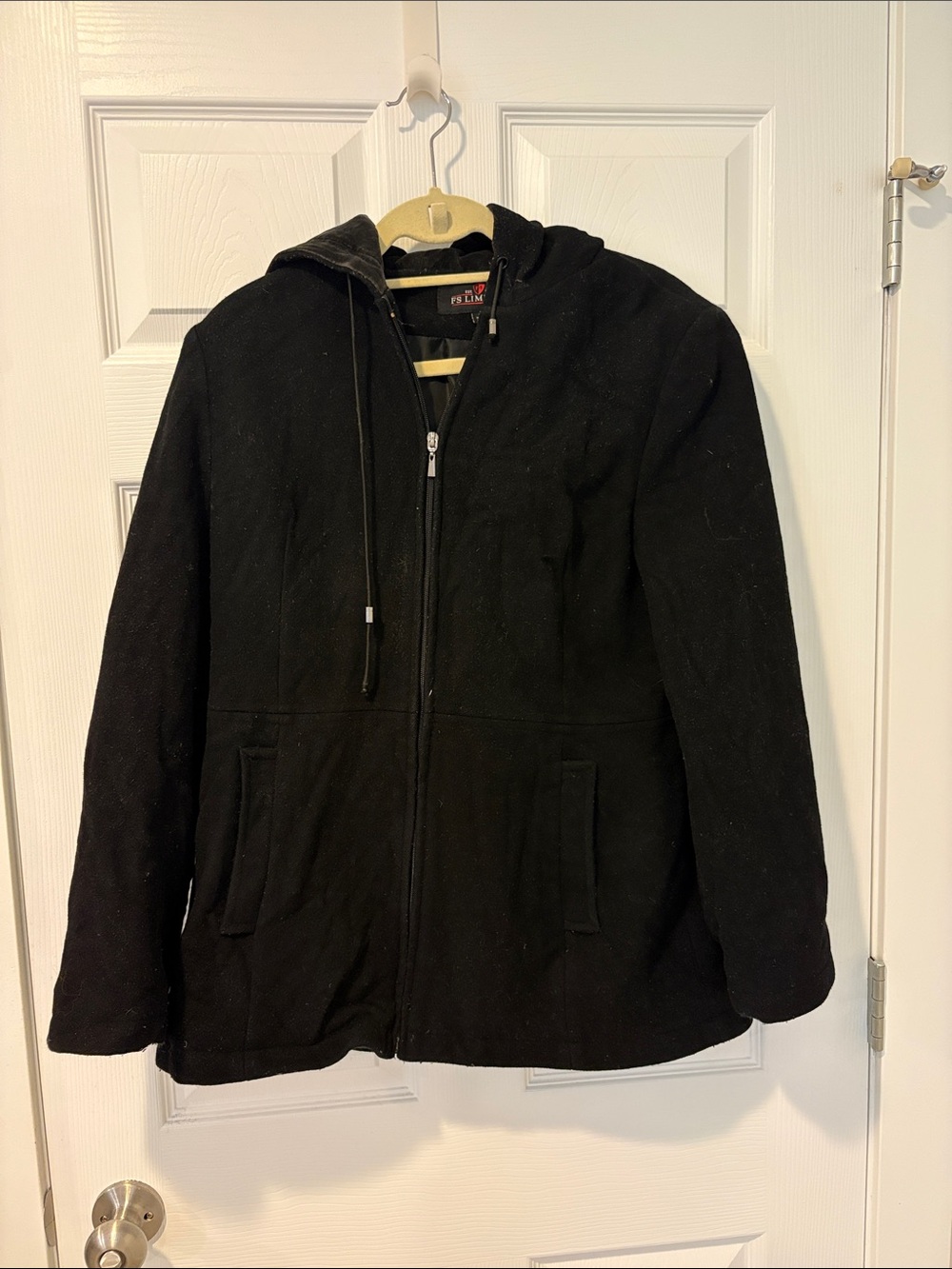 Black Hooded Wool Women's Pea Coat - Classic Zip Front